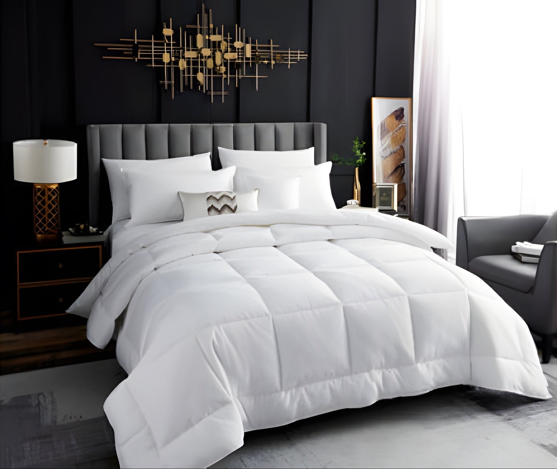 Fitlybuy white, plush winter weight quilt with ThermoGuard insulation, styled on a bed in a modern, luxury bedroom.