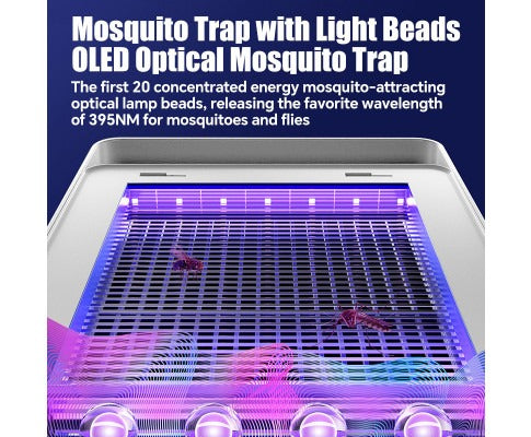 Fitlybuy electric insect killer with white frame, glowing 395NM UV light beads, and a black grid trapping mosquitoes.