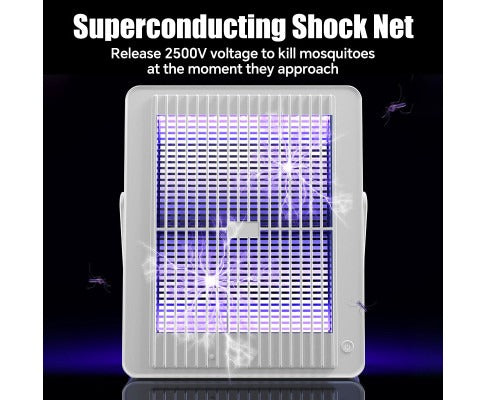 Fitlybuy white electric insect killer with purple light and 2500V shock net zapping a mosquito on a black background.