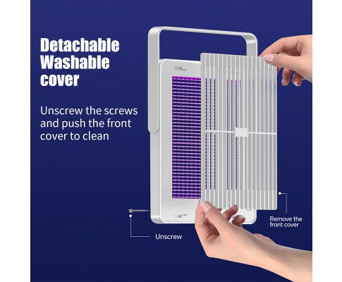 White Fitlybuy electric insect killer with a detachable, washable cover being removed by hand for cleaning.