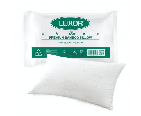 White Luxor cooling bamboo pillow with moisture-wicking fabric, shown in standard-size retail packaging.