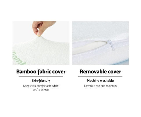 Fitlybuy memory foam pillow with white, removable, machine-washable bamboo fabric cover. Close-up of texture and zipper.