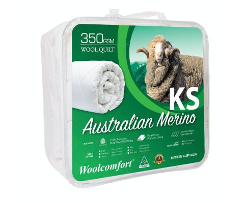 Fitlybuy 350GSM Merino wool quilt in clear storage bag, featuring Australian sheep imagery and product specs.