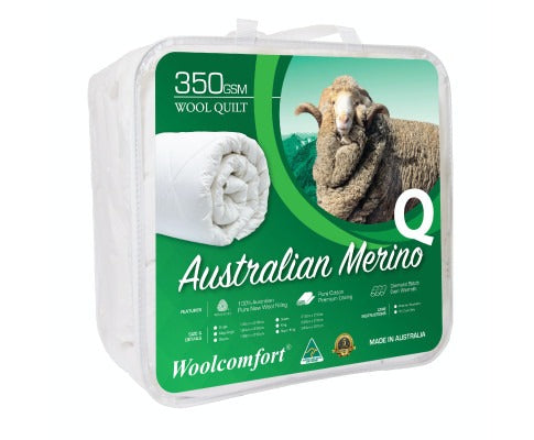 Fitlybuy 350GSM Australian Merino wool quilt in clear plastic packaging featuring a sheep and product details.