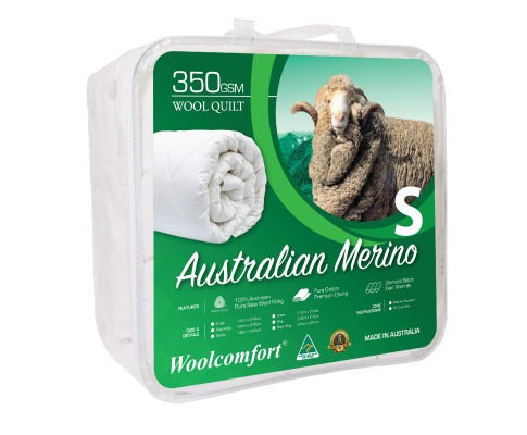 Fitlybuy 350GSM Australian Merino wool quilt in clear storage bag featuring a sheep illustration on green packaging.