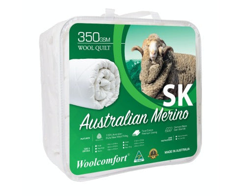 Fitlybuy 350GSM Australian Merino wool quilt in clear storage bag, featuring a merino sheep image and green label.