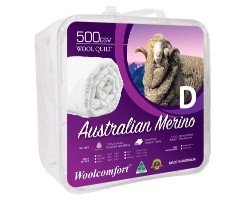 Fitlybuy 500GSM Australian Merino wool quilt in a white, soft roll packaged in a purple and white retail bag.