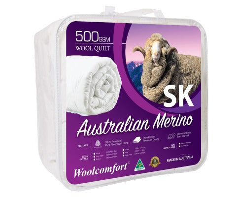 Fitlybuy 500GSM Australian Merino wool quilt in clear zipped packaging, featuring a white quilt roll and sheep image.