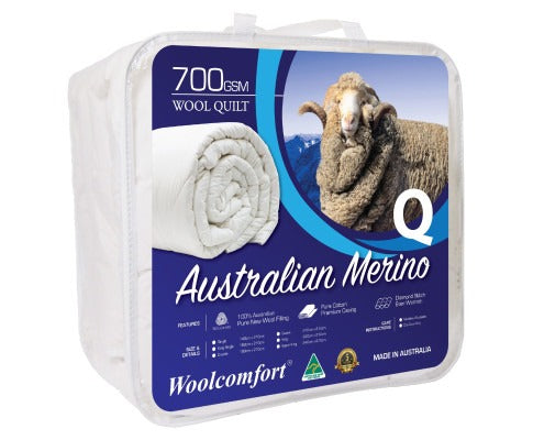 Fitlybuy 700gsm Australian Merino wool quilt in clear plastic packaging featuring a Merino sheep and product details.