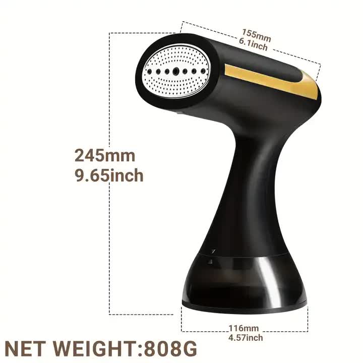 Steamserenity black portable handheld clothes steamer with gold accents, showing product dimensions and weight specs.