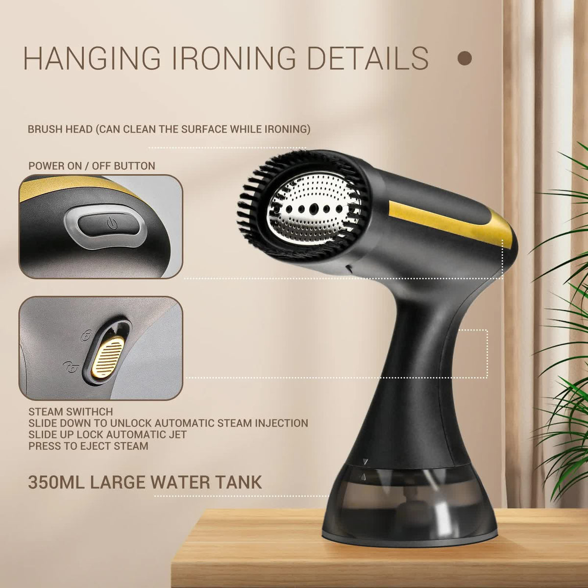 Steamserenity handheld black and gold garment steamer with brush head, 350ml tank, and steam control buttons.