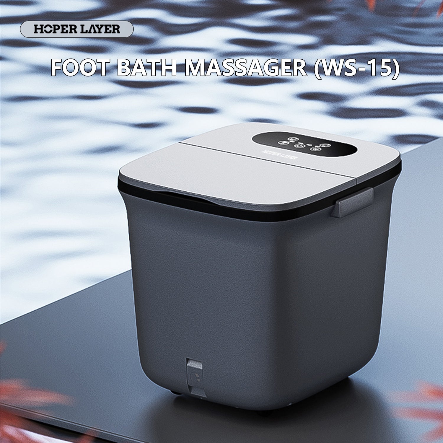 Grey HoperLayer ThermaFlex Pro foot spa with lid and digital control panel, set against a blurry water background.