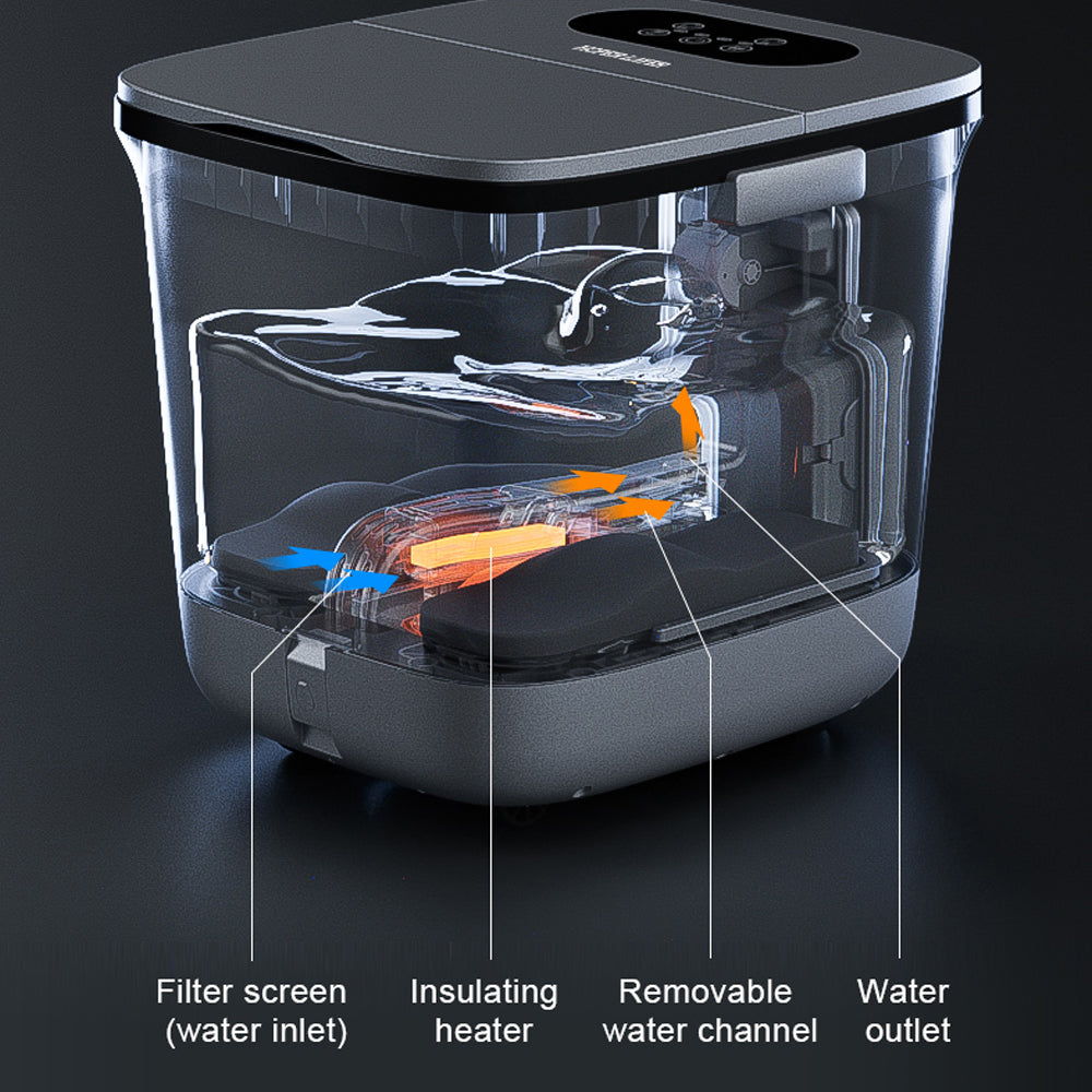 Fitlybuy ThermaFlex Pro foot spa in dark gray with clear basin, showing heating, circulation, and filter components.