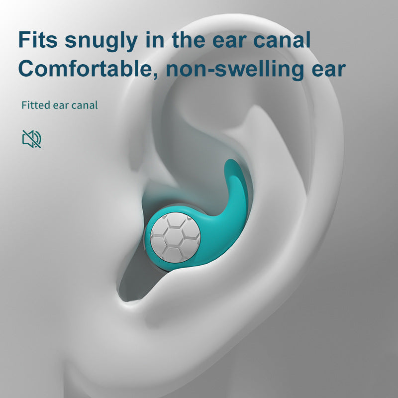 Teal and white Fitlybuy SleepGuard noise-canceling earplug inserted in an ear to demonstrate a snug, comfortable fit.