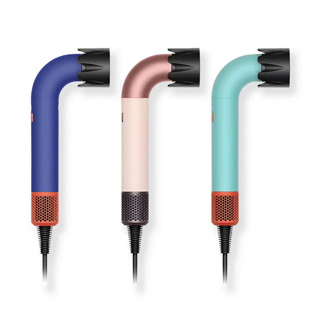Three Fitlybuy HairSonic Slim hair dryers in blue, rose gold, and mint green with L-shaped design and black nozzles.