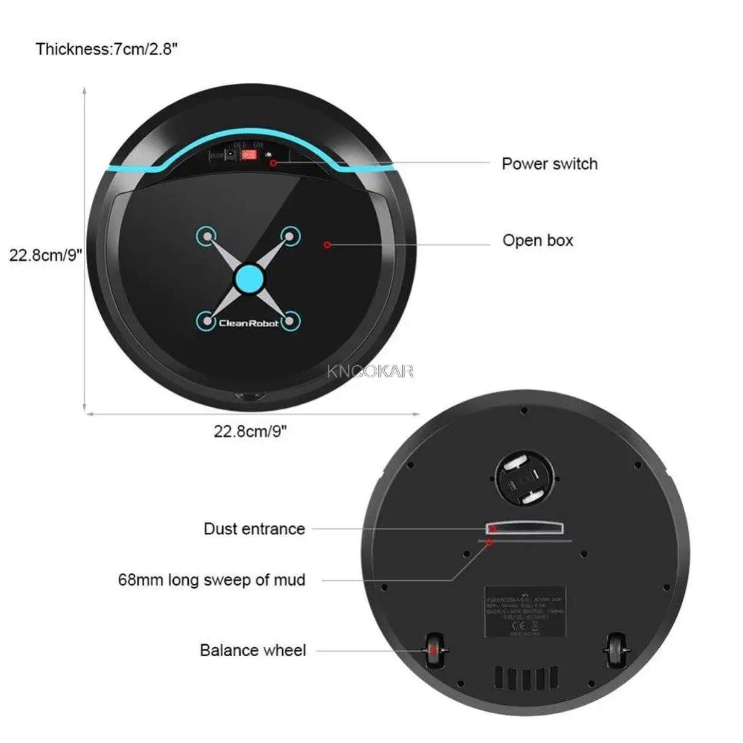 Fitlybuy Cosmos Pro black robotic vacuum with mop, showing top/bottom views, power switch, and dimensions.