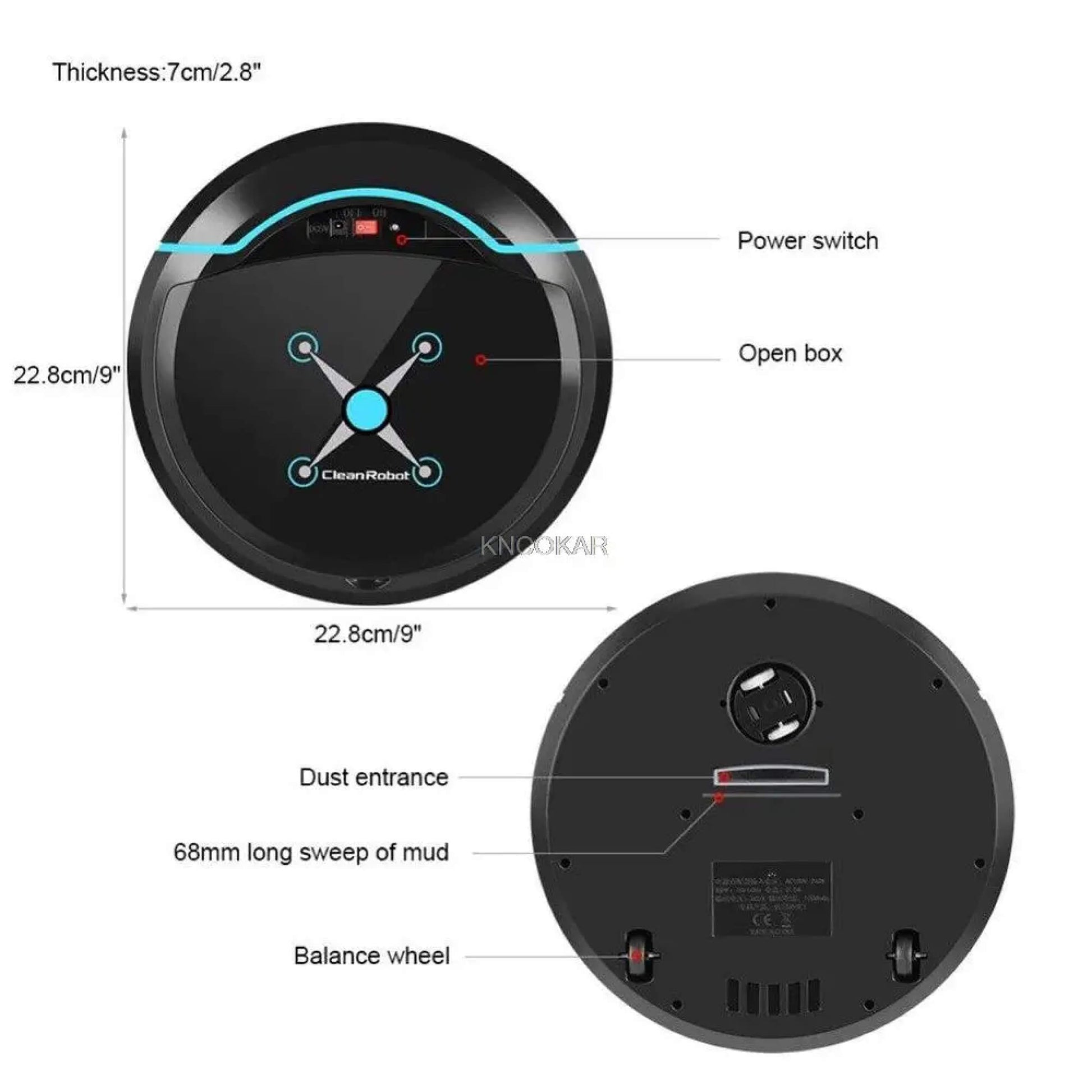 Fitlybuy Cosmos Pro black robotic vacuum with mop, showing top/bottom views, power switch, and dimensions.