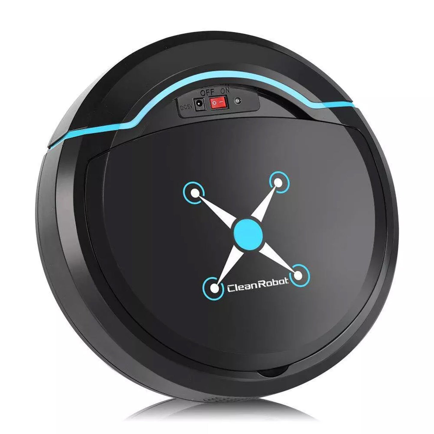 Black Fitlybuy Cosmos Pro robot vacuum with blue light accents, power switch, and center logo on white background.