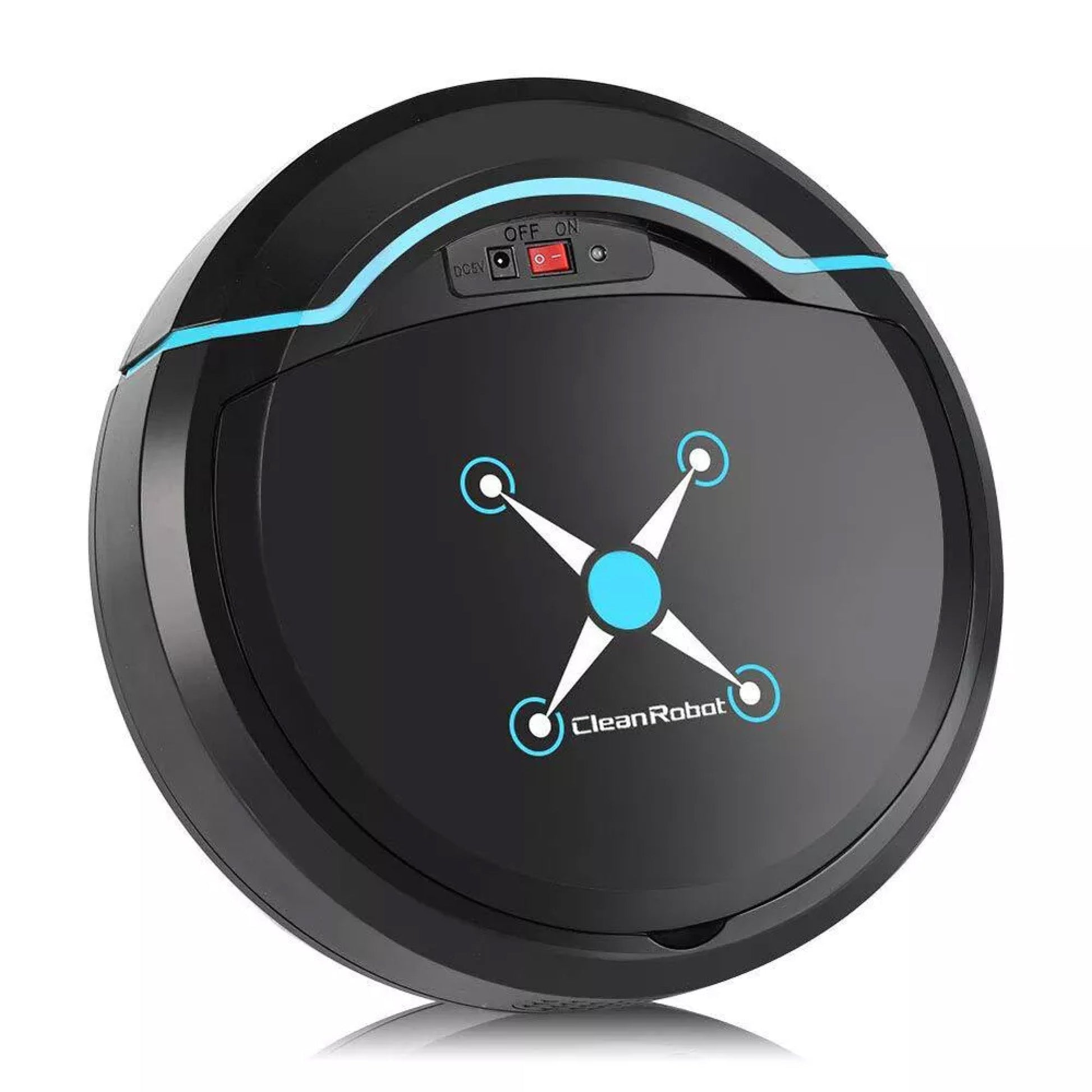 Black Fitlybuy Cosmos Pro robot vacuum with blue light accents, power switch, and center logo on white background.