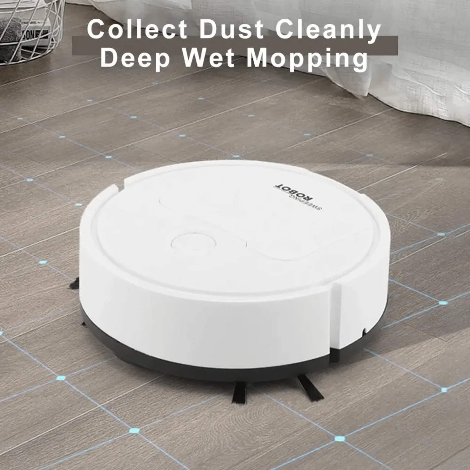 White Fitlybuy Cosmos Pro smart robotic vacuum with mop function navigating a wood floor with digital mapping lines.