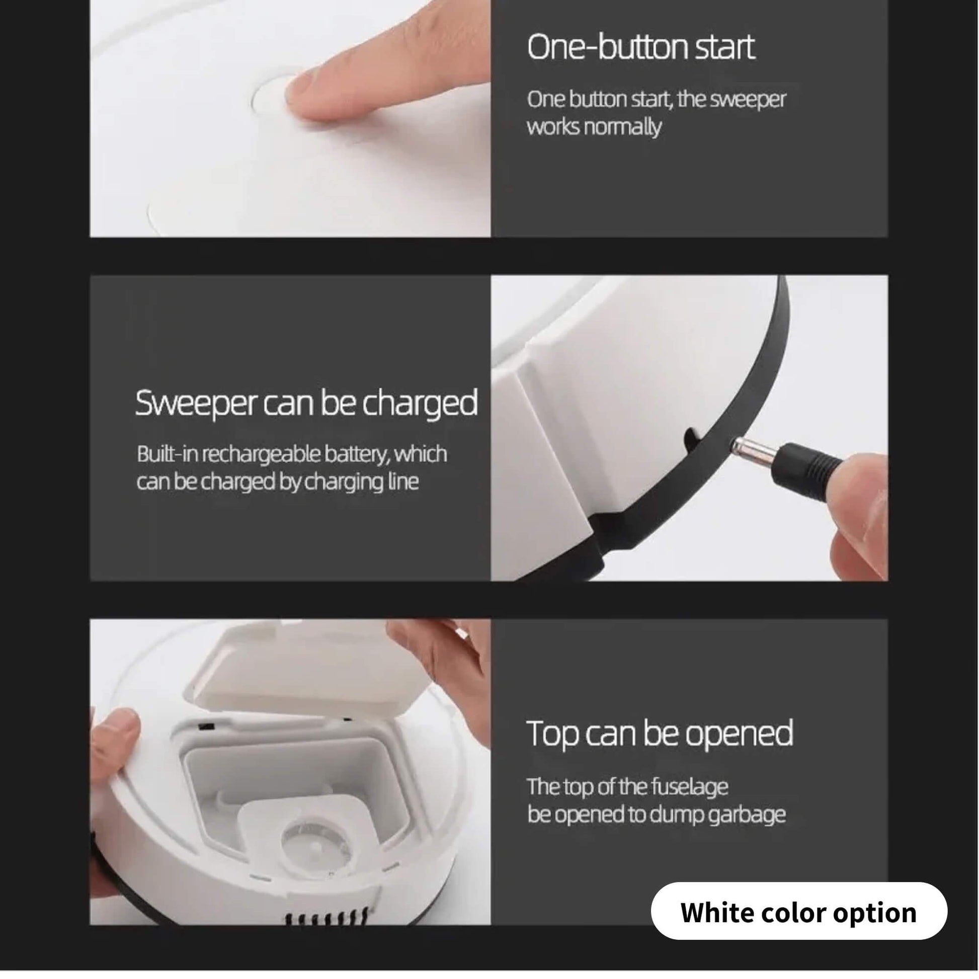 Fitlybuy Cosmos Pro white robotic vacuum showing one-button start, charging port, and removable dustbin.