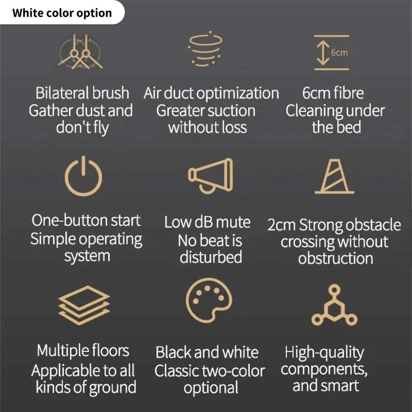 Infographic for Fitlybuy Cosmos Pro robotic vacuum showing features like bilateral brushes, suction, and obstacle crossing.
