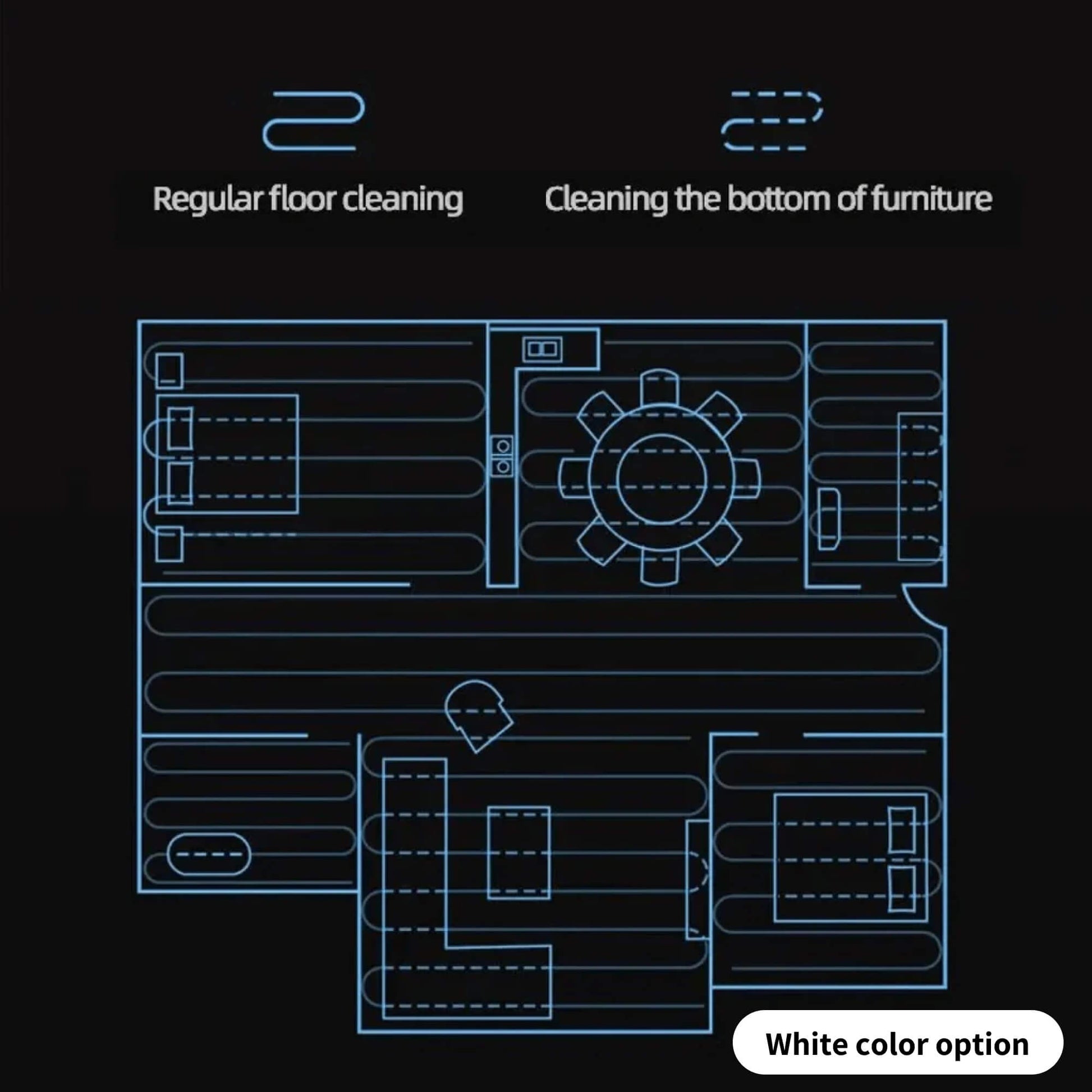 Fitlybuy Cosmos Pro map showing blue navigation paths for floor and under-furniture cleaning in a modern home layout.