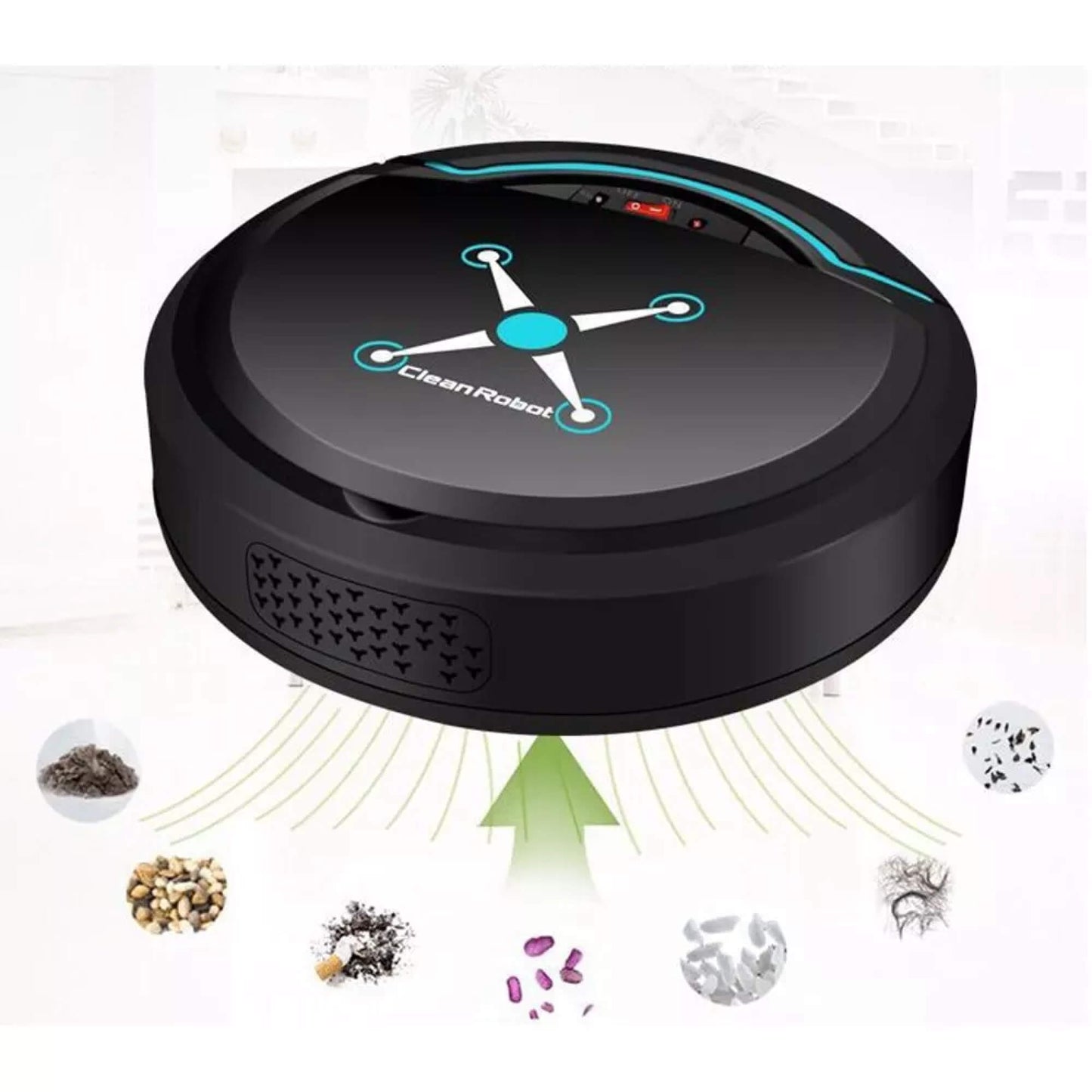 Black Fitlybuy Cosmos Pro smart robotic vacuum and mop with blue accent, showing debris suction capabilities.