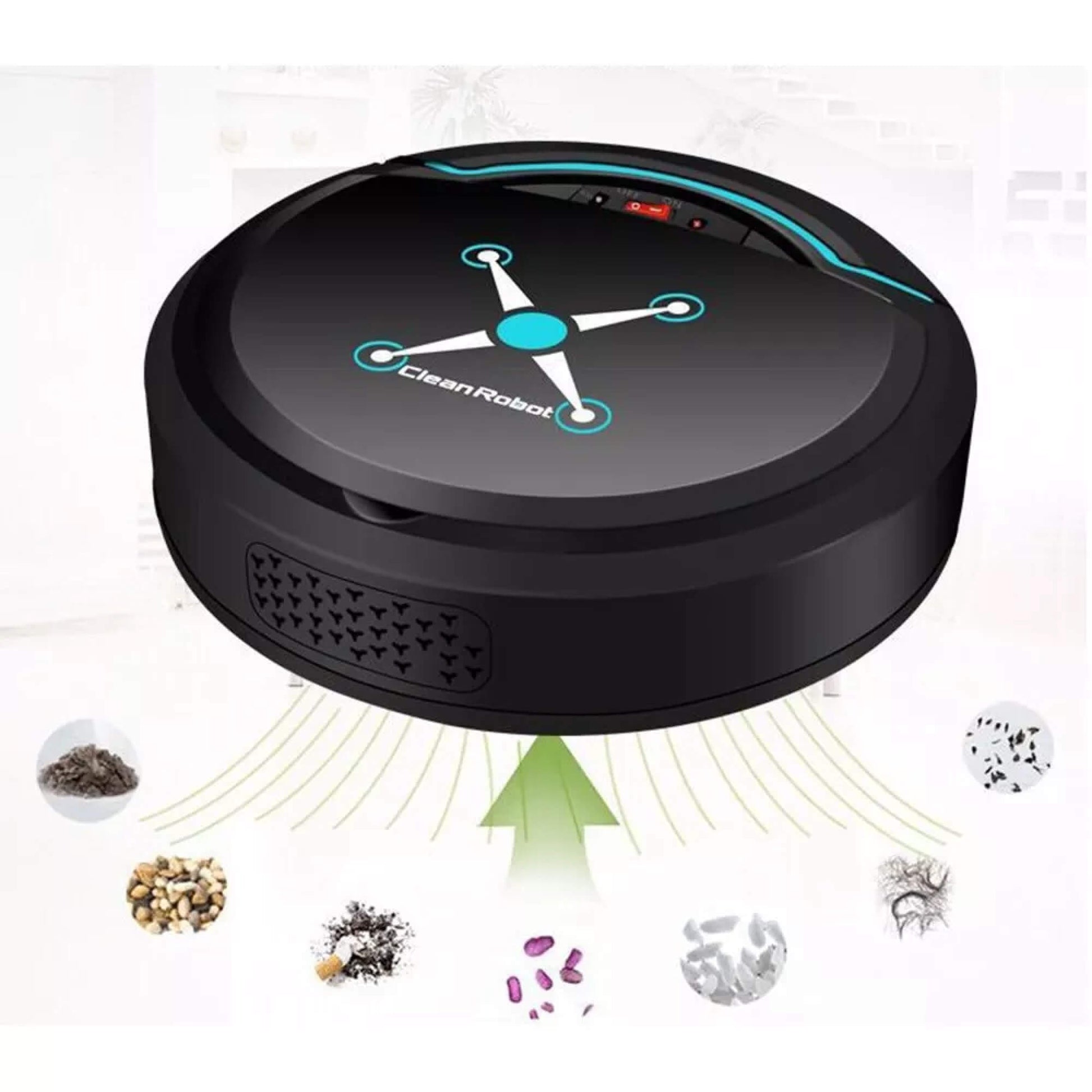 Black Fitlybuy Cosmos Pro smart robotic vacuum and mop with blue accent, showing debris suction capabilities.