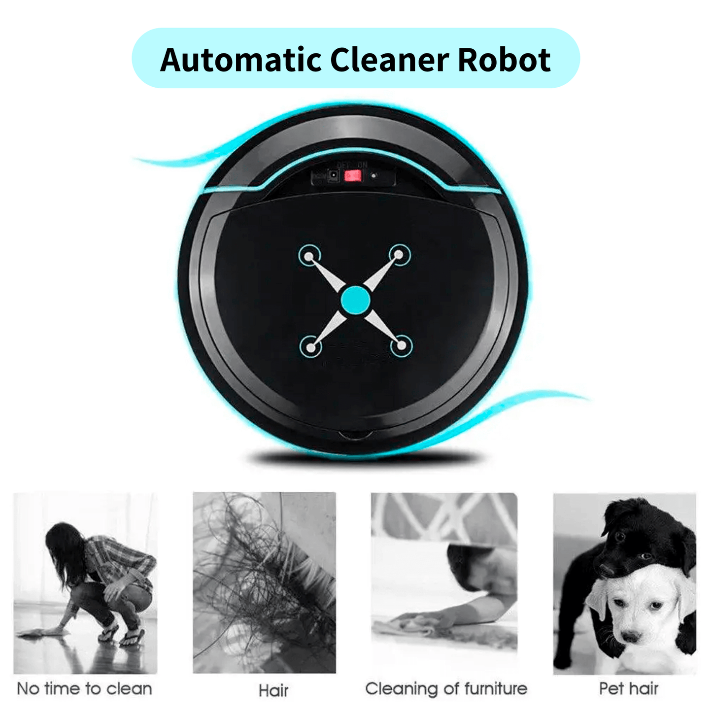 Fitlybuy Cosmos Pro round black robotic vacuum with blue light accents, ideal for pet hair and floor cleaning.
