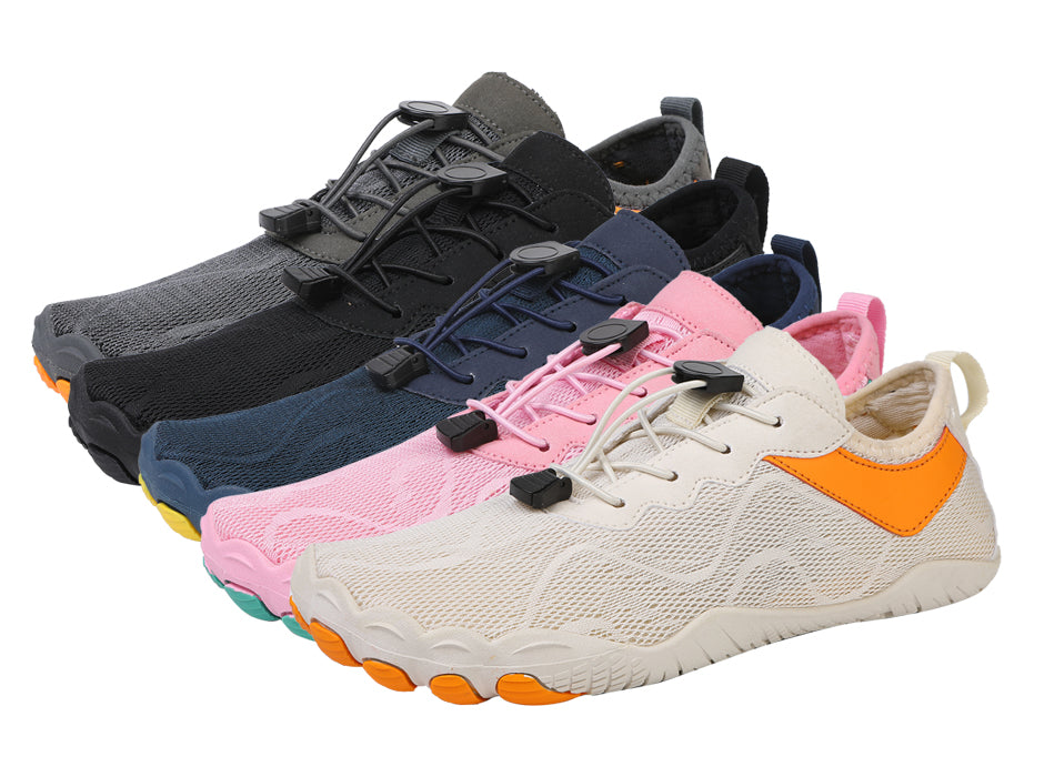 Fitlybuy AquaStep non-slip barefoot shoes in gray, black, blue, pink, and beige with toggle laces and orange soles.