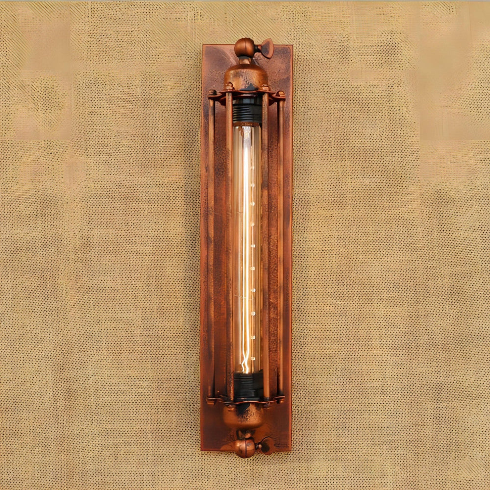 Fitlybuy vintage wall-mounted LED light with a tubular bulb in a rustic copper-finish cage against a textured wall.