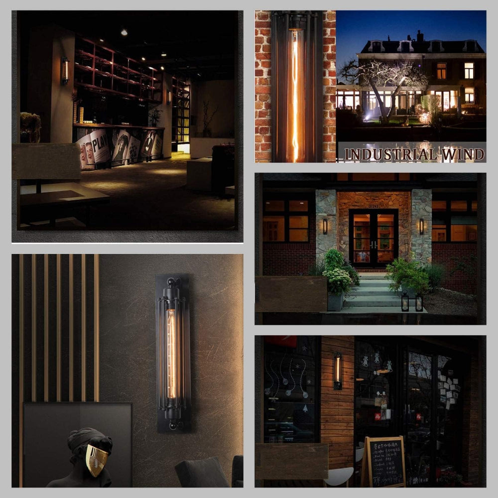 Fitlybuy vintage wall-mounted LED light with matte black finish, shown in industrial and home exterior settings.