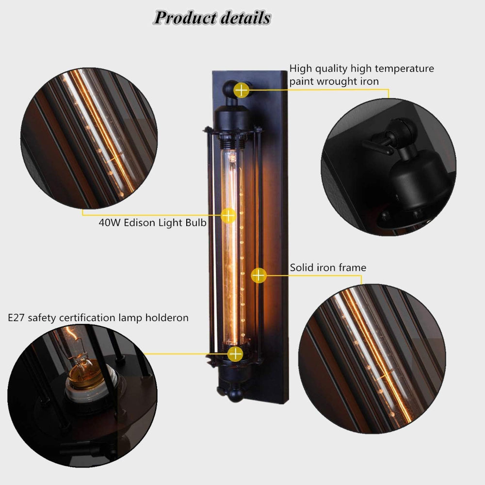 Fitlybuy vintage wall-mounted light in matte black with an iron frame and glowing 40W Edison bulb, showing details.