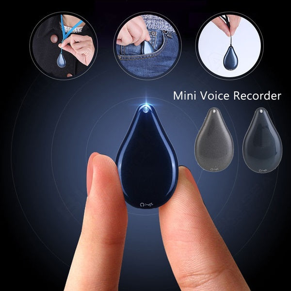 Fitlybuy teardrop-shaped dark blue keychain voice recorder being held; shows portable, discreet use on clothes or pocket.