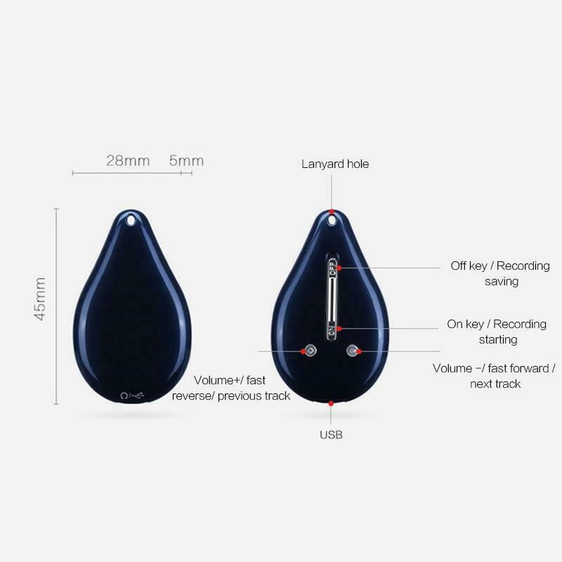 Fitlybuy teardrop keychain voice recorder in dark blue, showing dimensions, controls, USB port, and lanyard hole.