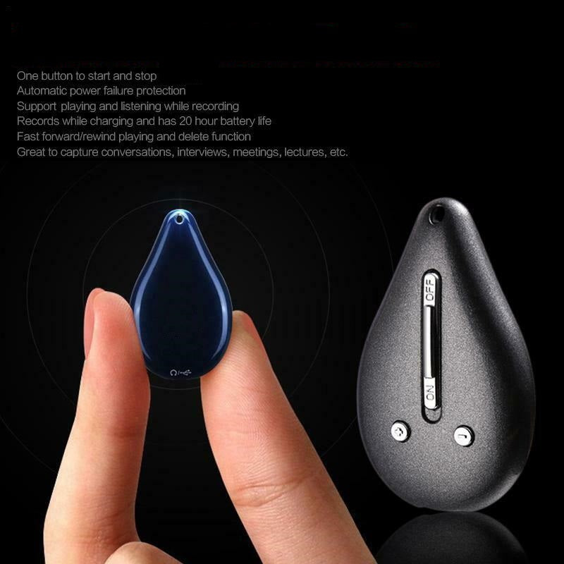 Fitlybuy teardrop-shaped keychain voice recorder with on/off switch and USB port, held in hand against black background.