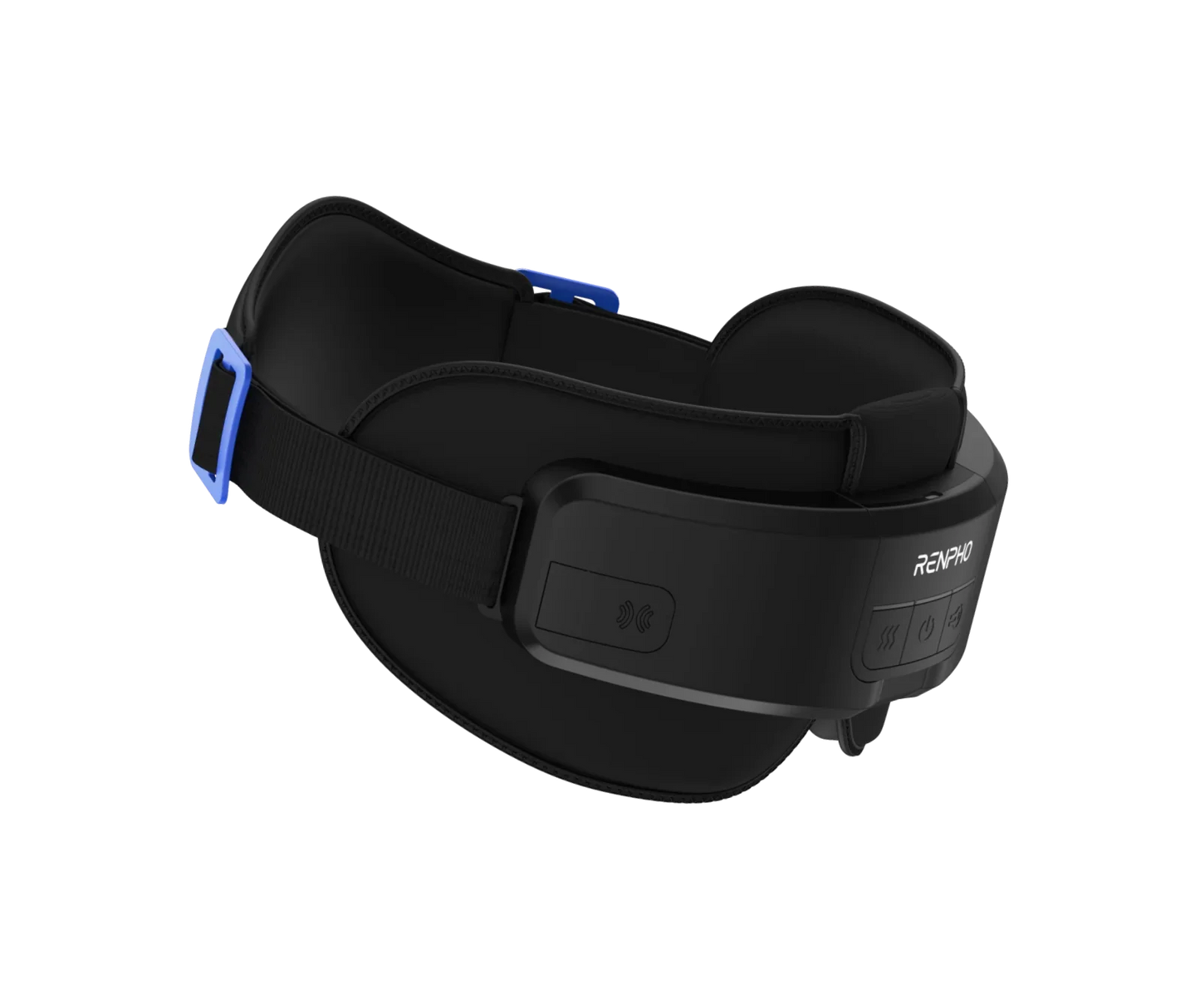 Black RENPHO Eyeris eye and head massager with blue accents, adjustable strap, and control buttons on a black background.