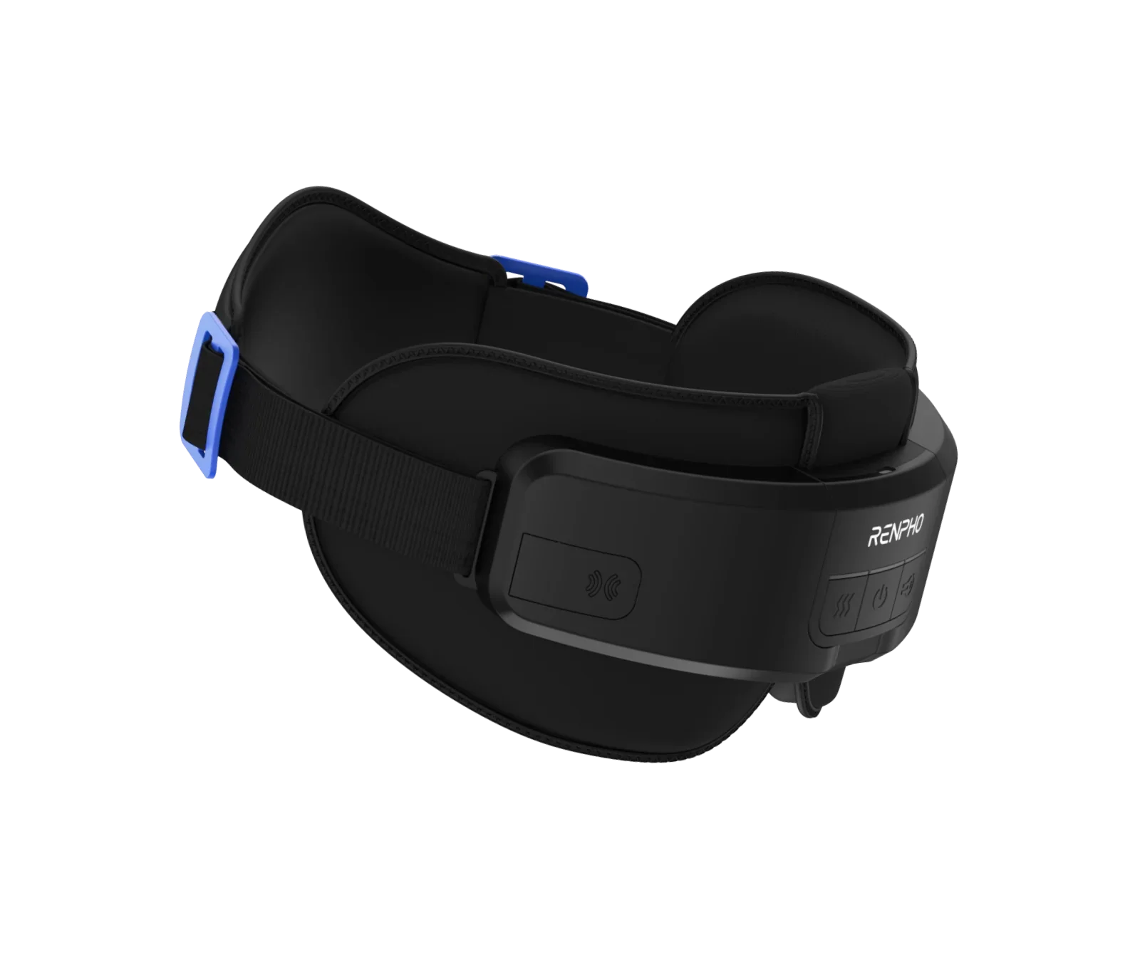 Black RENPHO Eyeris eye and head massager with blue accents, adjustable strap, and control buttons on a black background.