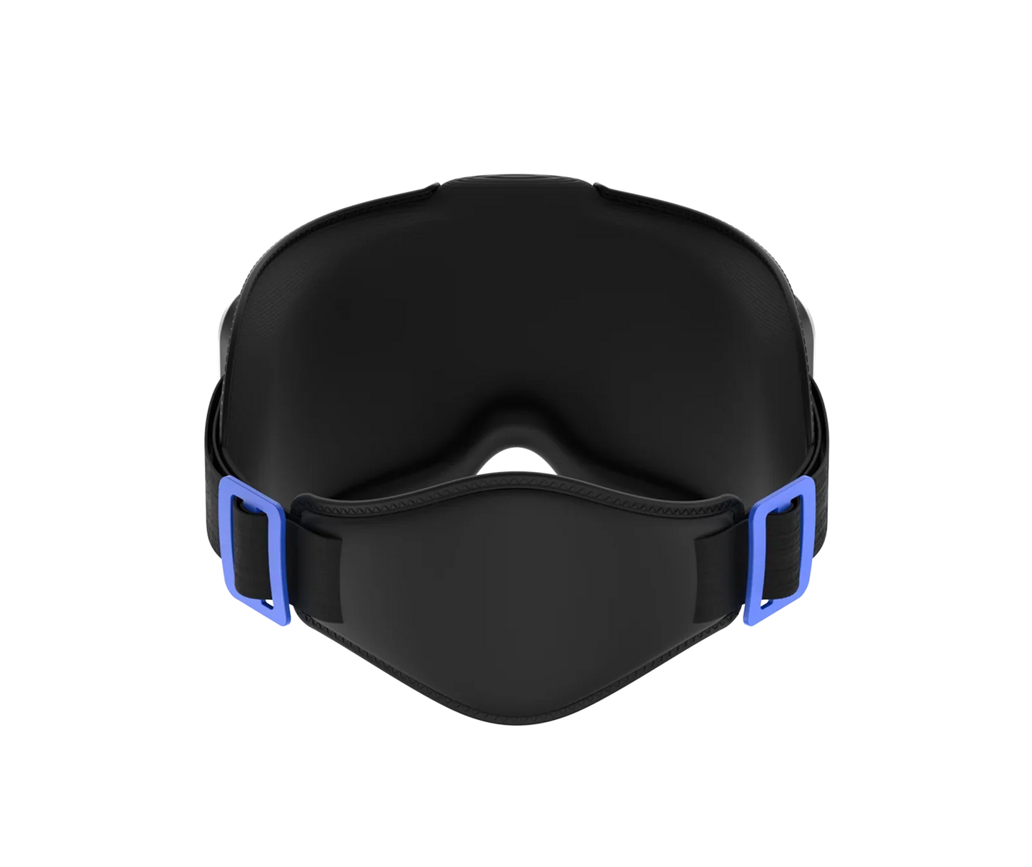Fitlybuy Eyeris black eye and head massager with blue adjustment buckles, shown from the front against black background.
