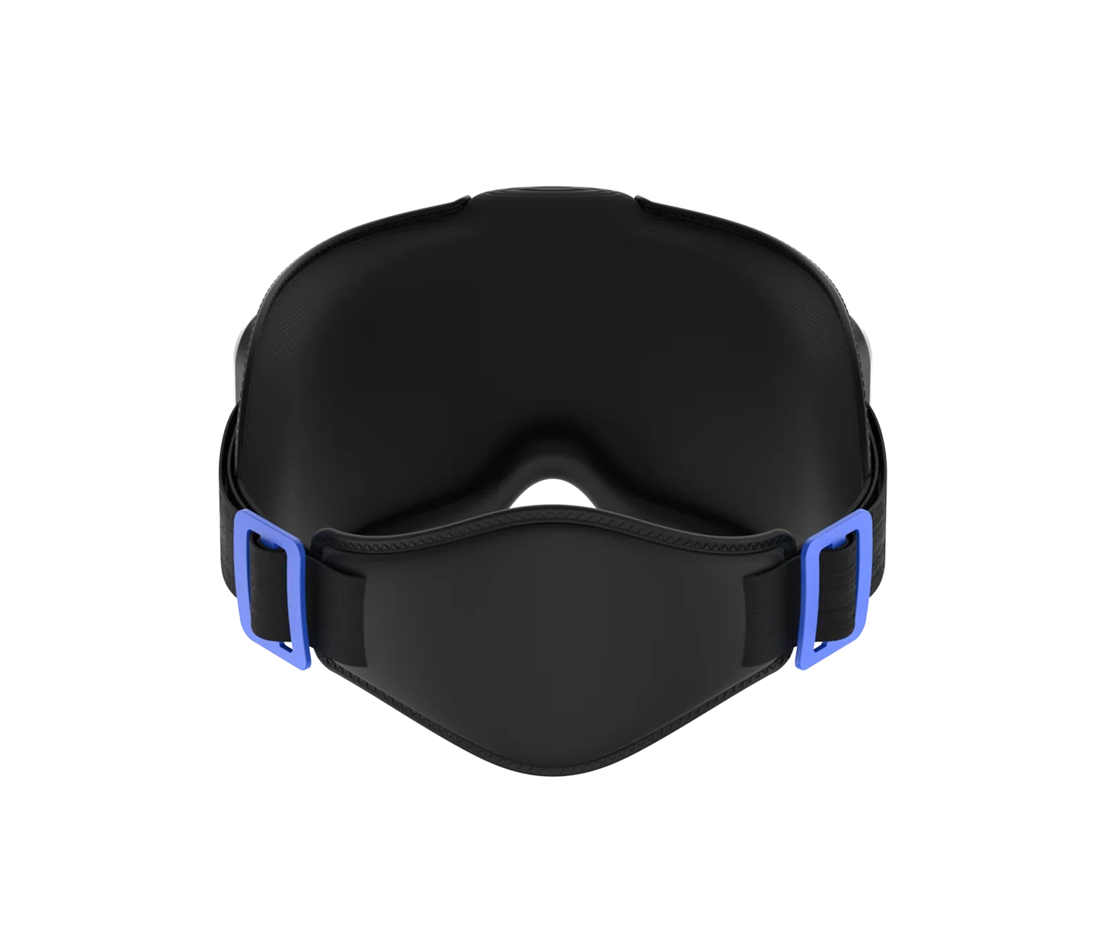 Fitlybuy Eyeris black eye and head massager with blue adjustment buckles, shown from the front against black background.