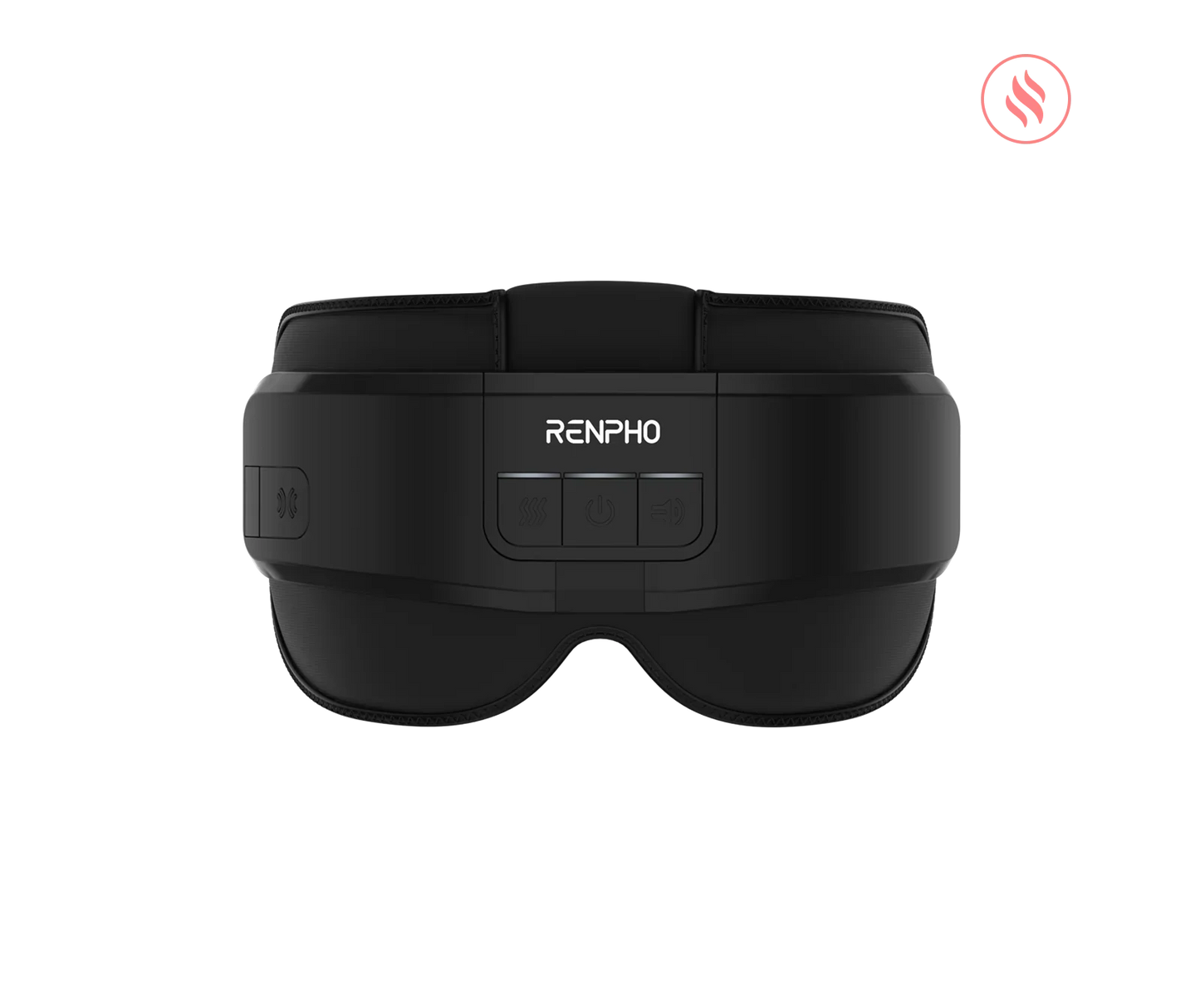 Black Fitlybuy Eyeris eye and head massager with central control buttons, isolated against a black background.