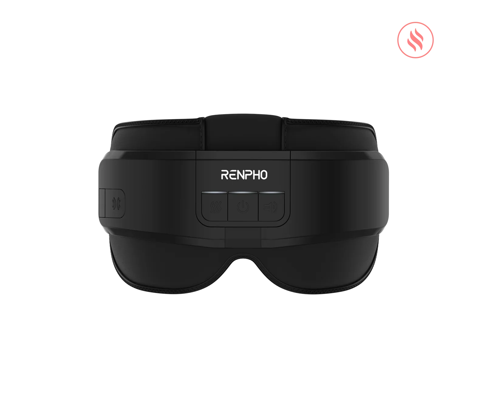 Black Fitlybuy Eyeris eye and head massager with central control buttons, isolated against a black background.