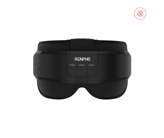 Black Fitlybuy Eyeris eye and head massager with central control buttons, isolated against a black background.