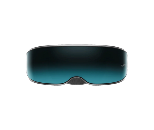 Sleek, black and teal Fitlybuy Eyeris eye massager with heat and vibration technology on a plain black background.