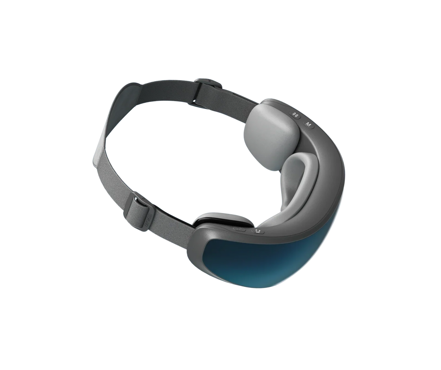 Fitlybuy Eyeris Caligo temple and eye massager in grey with an adjustable strap against a black background.