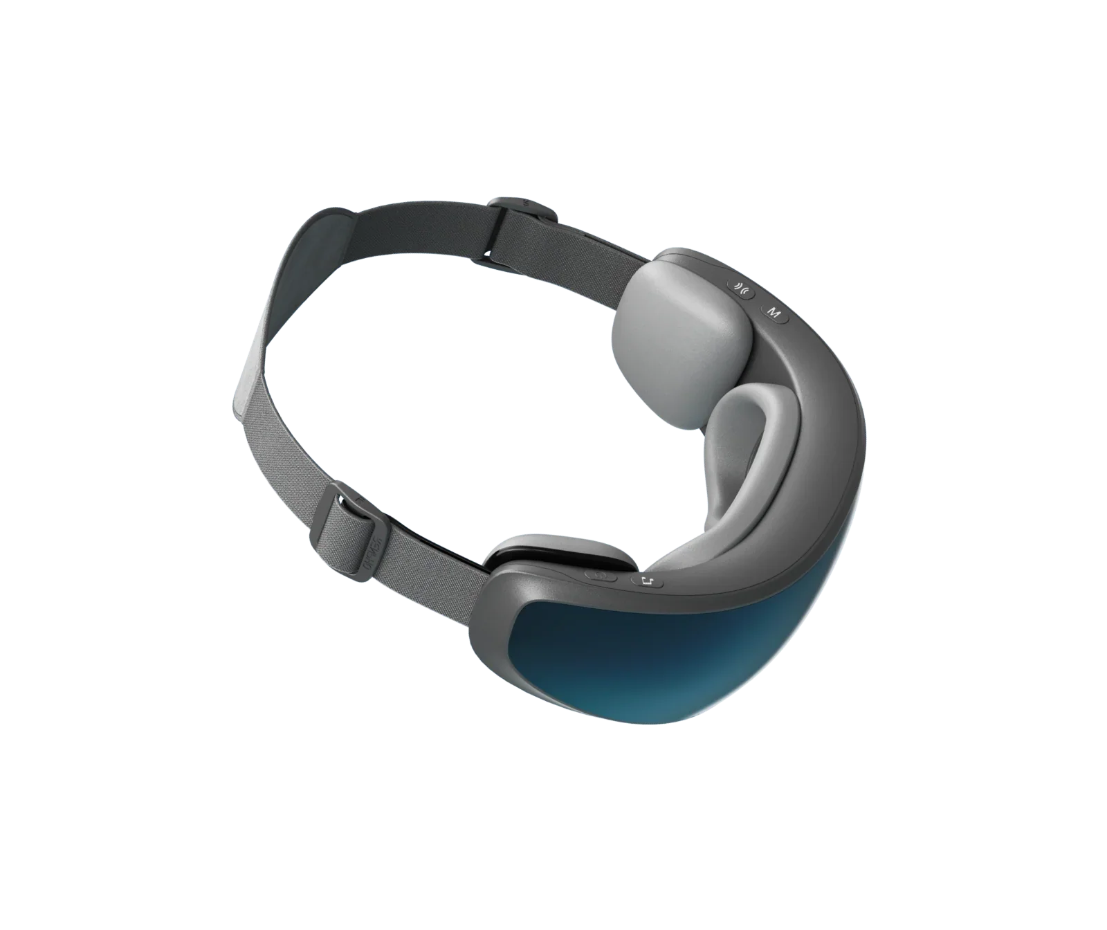 Fitlybuy Eyeris Caligo temple and eye massager in grey with an adjustable strap against a black background.