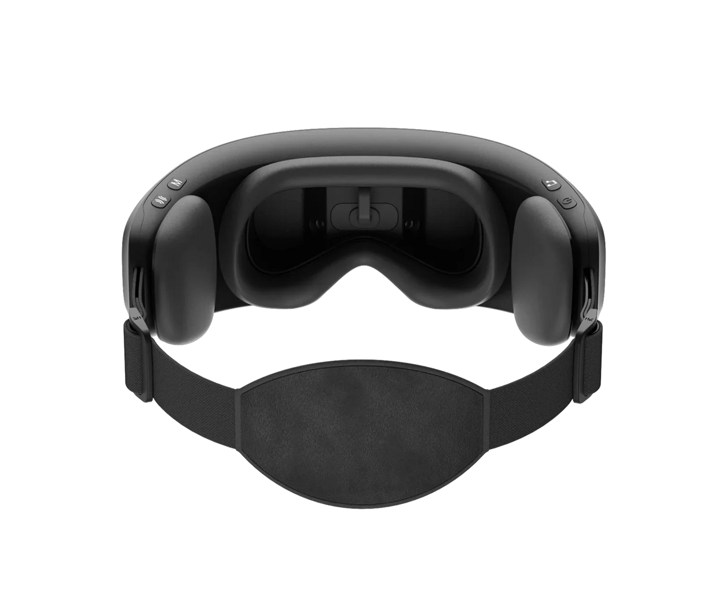 Black Fitlybuy Eyeris Caligo temple and eye massager with adjustable strap and control buttons on a black background.