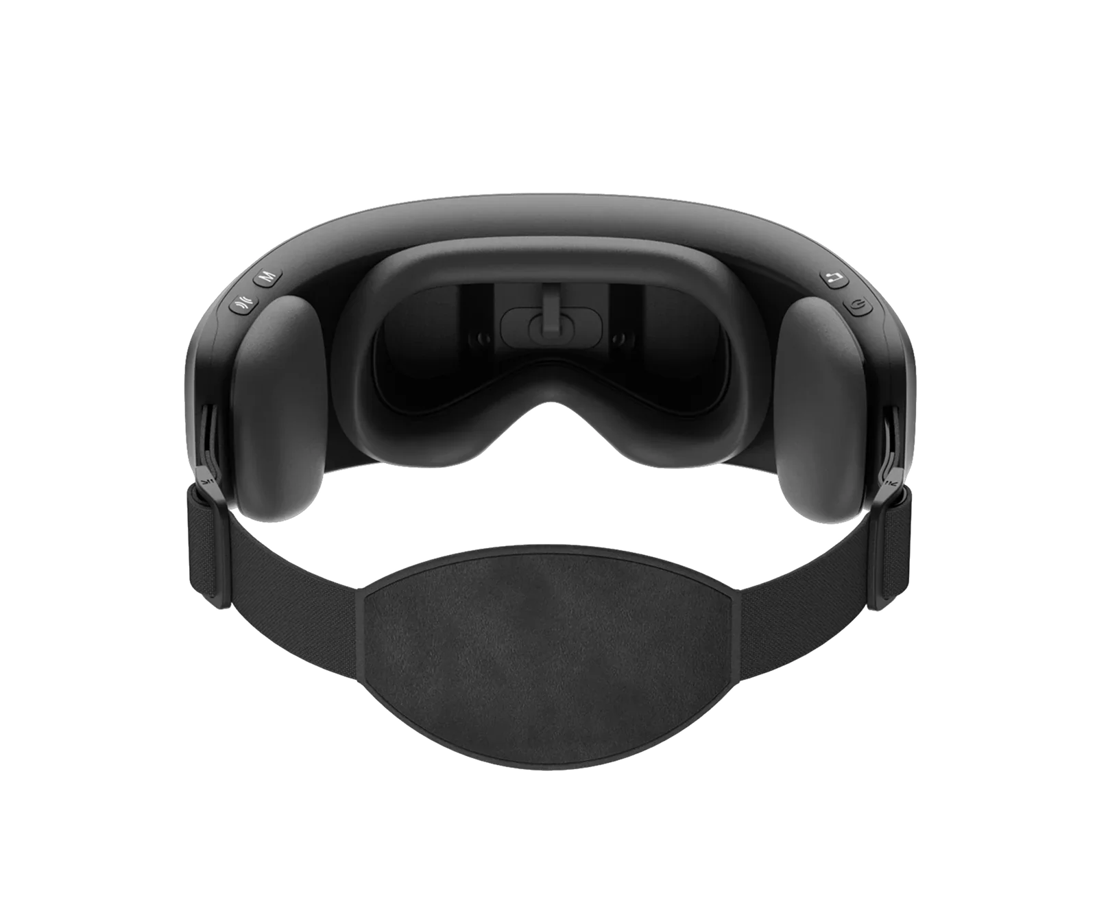 Black Fitlybuy Eyeris Caligo temple and eye massager with adjustable strap and control buttons on a black background.