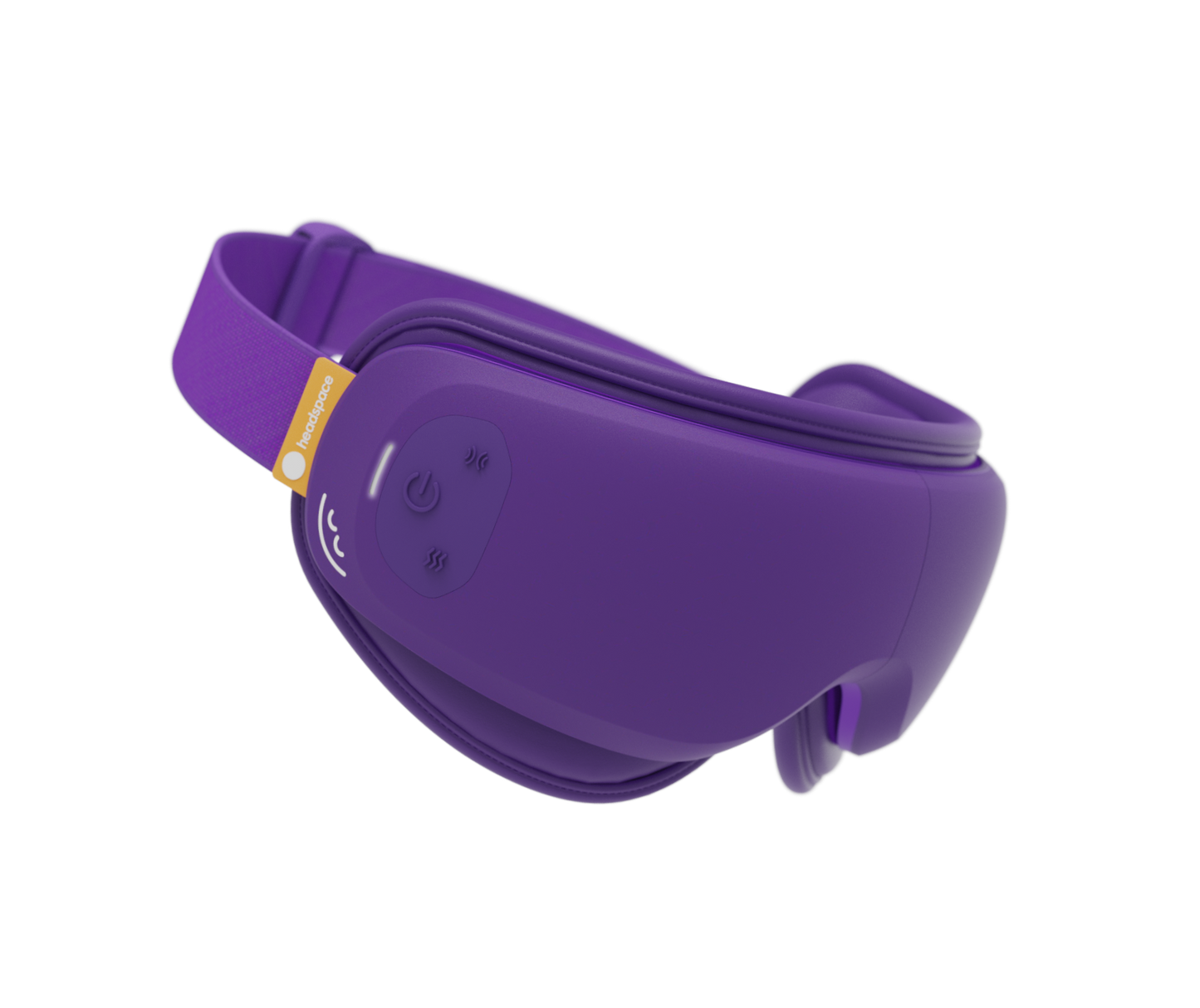 Purple RENPHO x Headspace Eyeris Zen eye massager with an adjustable elastic strap and control buttons on a black background.